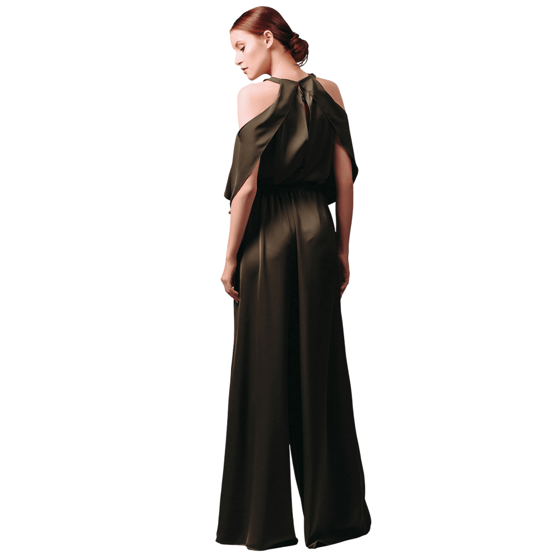 Olive Cold-Shoulder Satin Jumpsuit